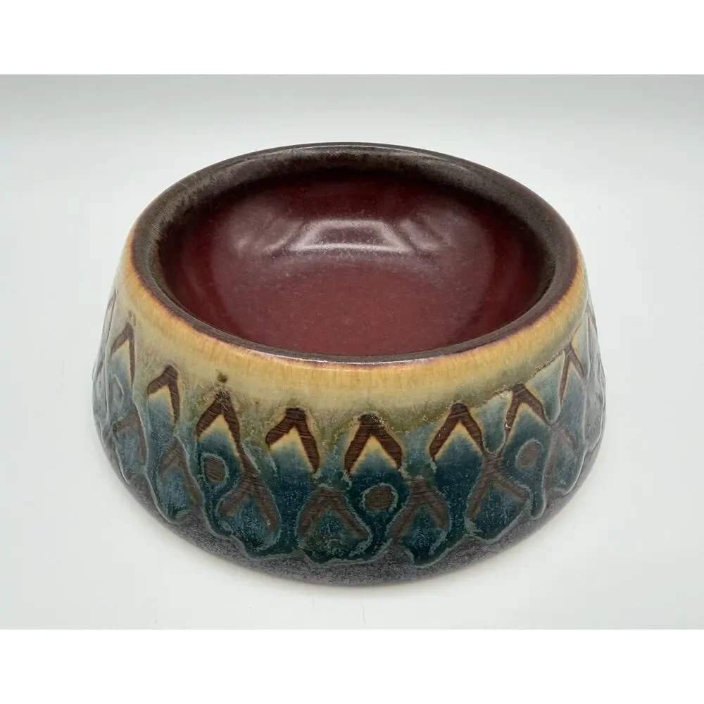 Michael Metz Art Pottery Drip Glaze Dog Cat Food Dishes 6” and 7” Pair Signed